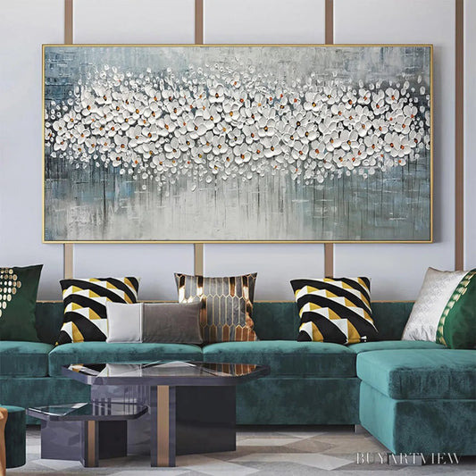 BUYARTVIEW Winter Blossom – Panoramic Impasto Floral Oil Painting in White and Grey - image 2