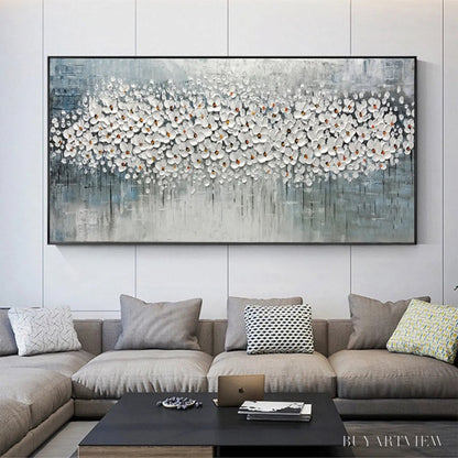 BUYARTVIEW Winter Blossom – Panoramic Impasto Floral Oil Painting in White and Grey - image 4