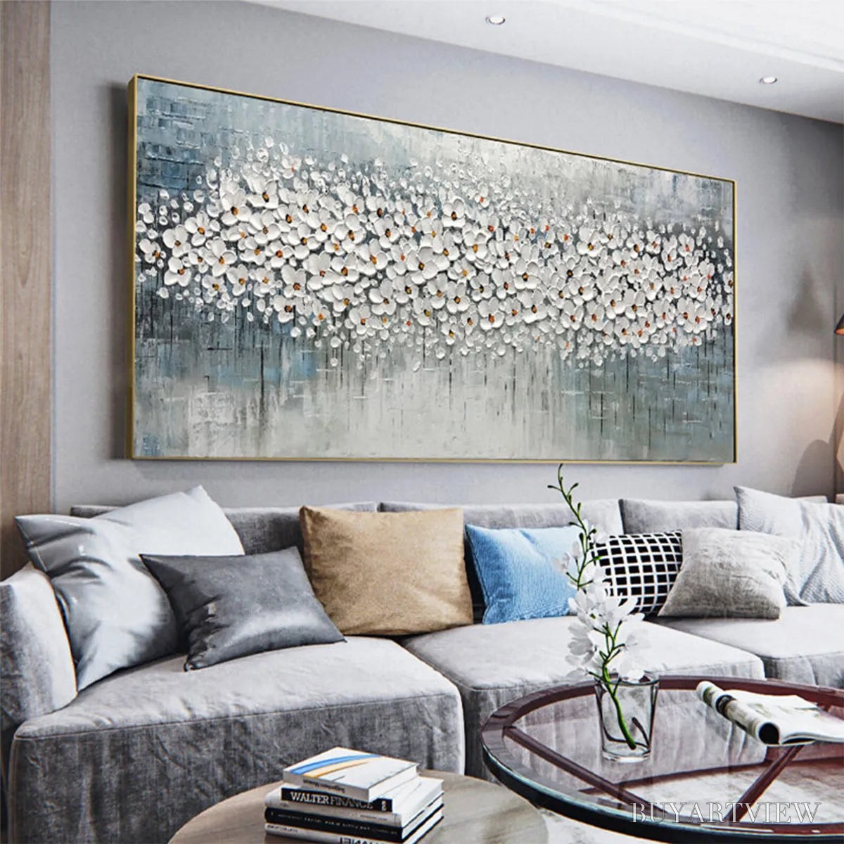 BUYARTVIEW Winter Blossom – Panoramic Impasto Floral Oil Painting in White and Grey - image 6