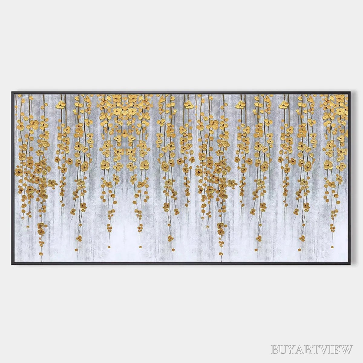 BUYARTVIEW Golden Rain – Minimalist Floral Oil Painting in Gold and Grey - image 1