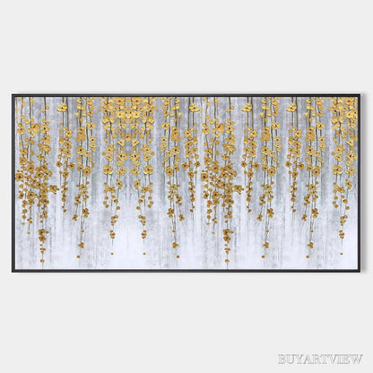BUYARTVIEW Golden Rain – Minimalist Floral Oil Painting in Gold and Grey - image 1