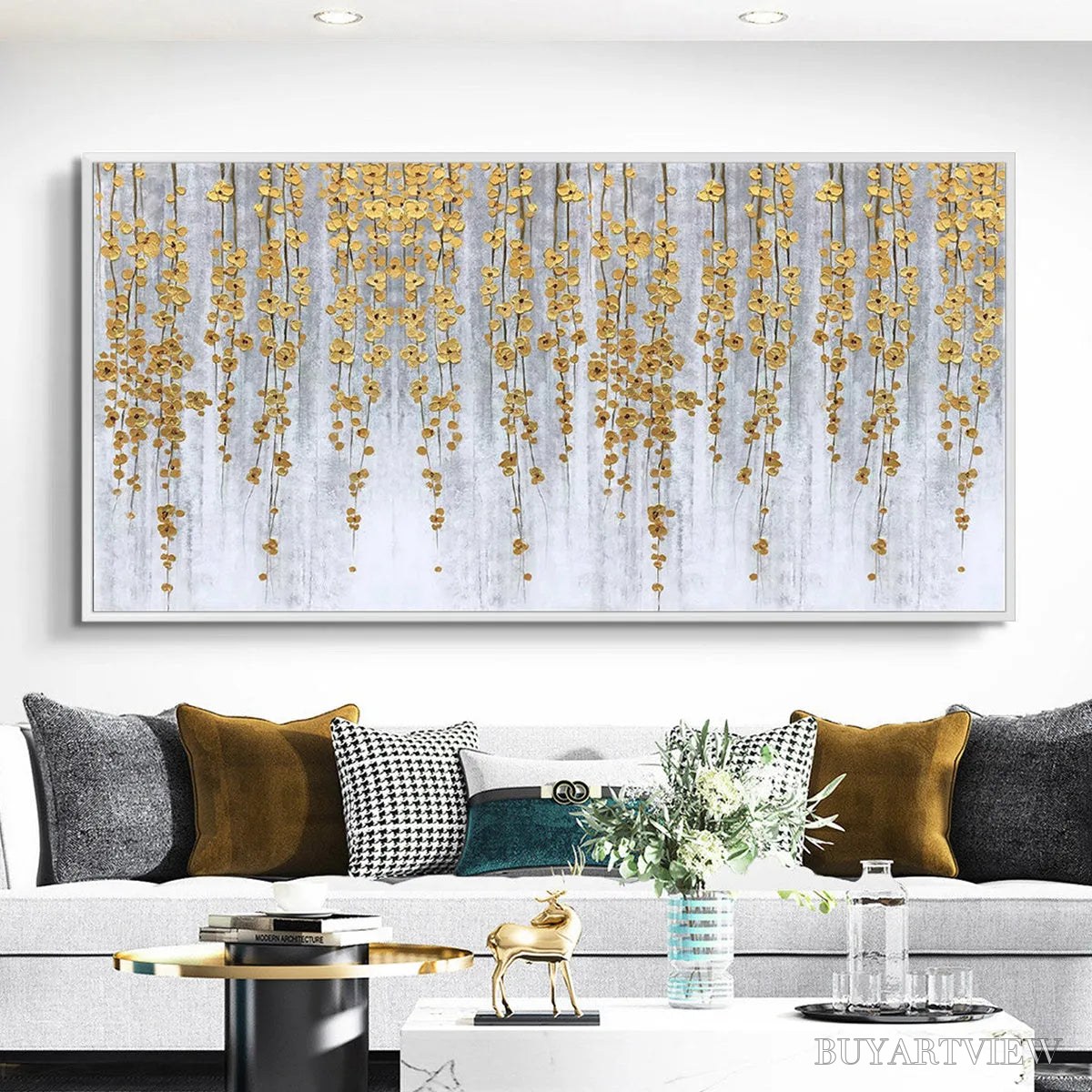 BUYARTVIEW Golden Rain – Minimalist Floral Oil Painting in Gold and Grey - image 2