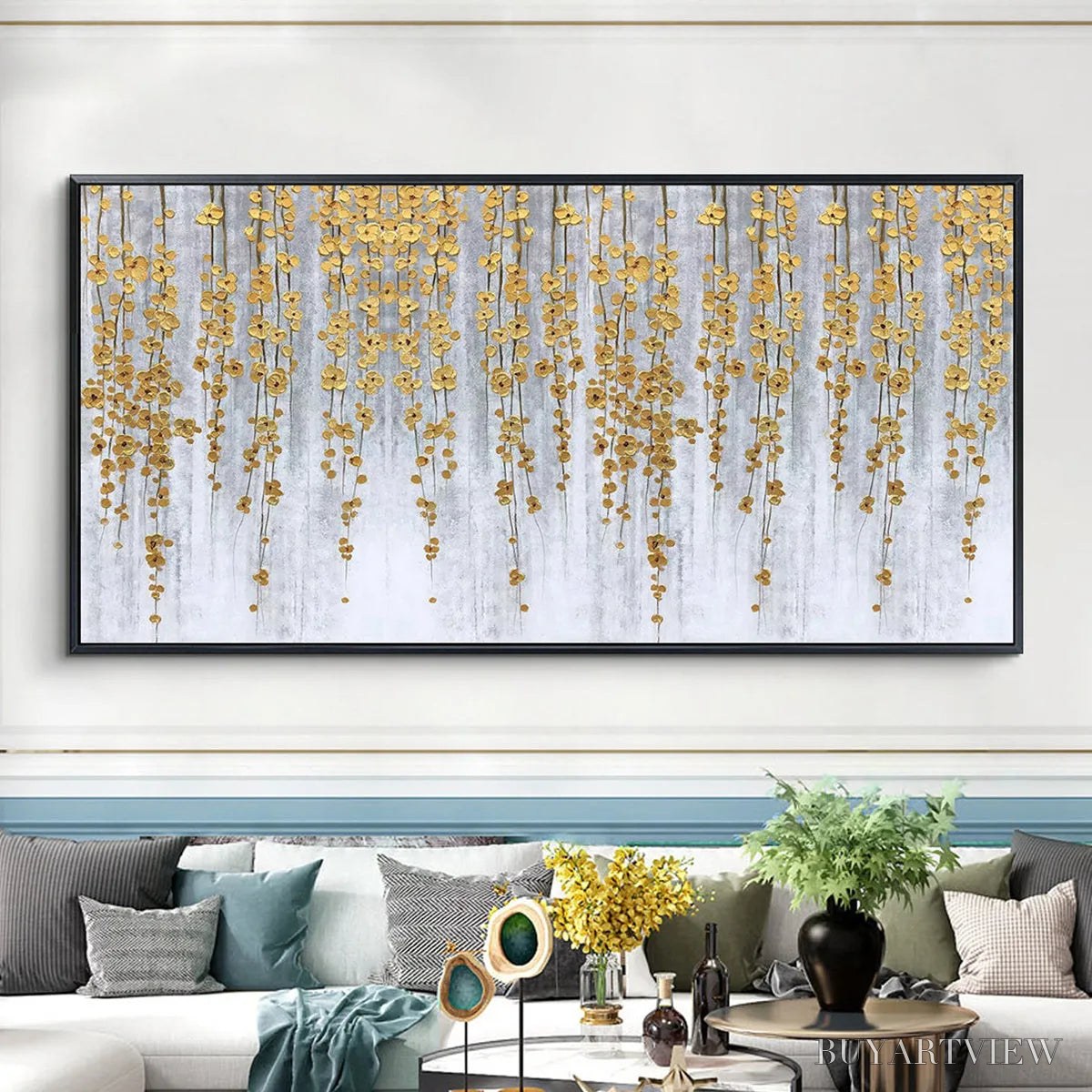 BUYARTVIEW Golden Rain – Minimalist Floral Oil Painting in Gold and Grey - image 4