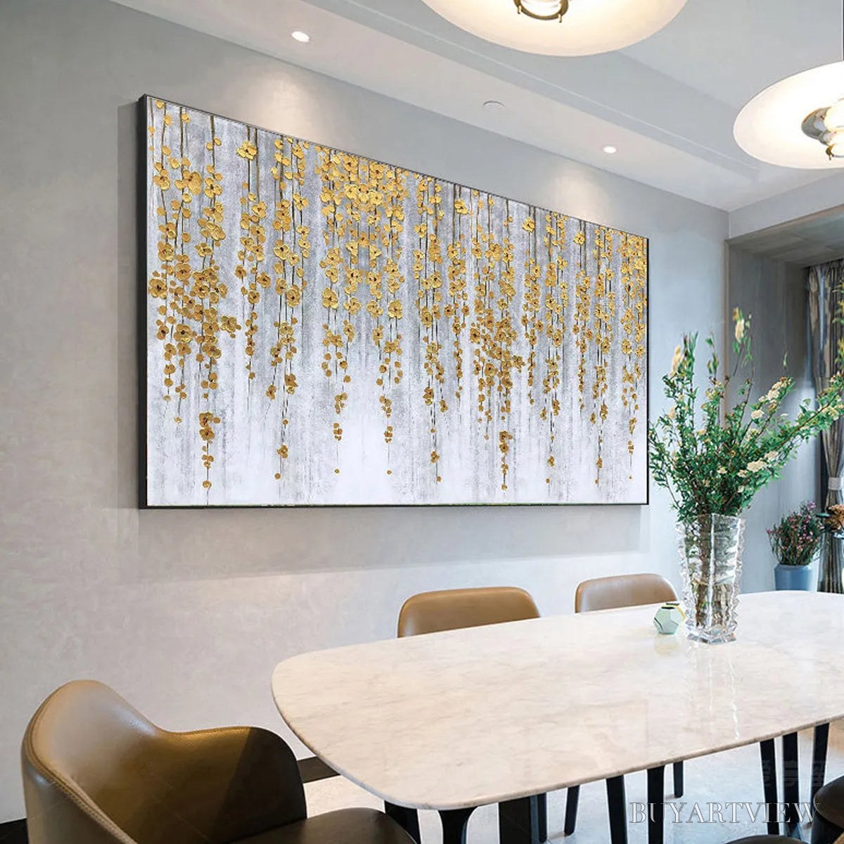 BUYARTVIEW Golden Rain – Minimalist Floral Oil Painting in Gold and Grey - image 5