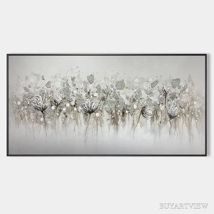 BUYARTVIEW Silver Mist – Minimalist Floral Oil Painting in Silver and Grey - image 1