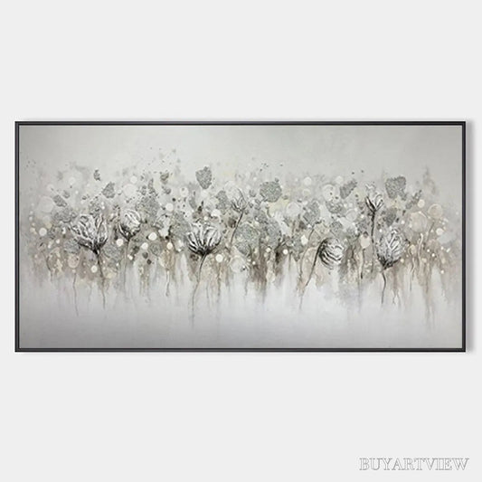 BUYARTVIEW Silver Mist – Minimalist Floral Oil Painting in Silver and Grey - image 1