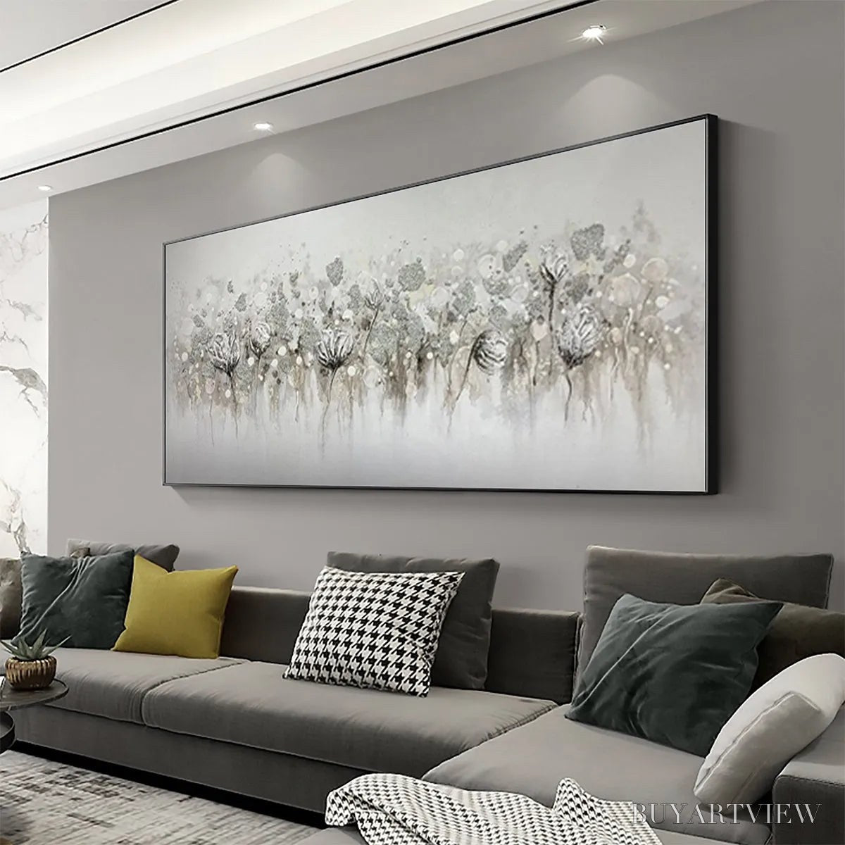 BUYARTVIEW Silver Mist – Minimalist Floral Oil Painting in Silver and Grey - image 4