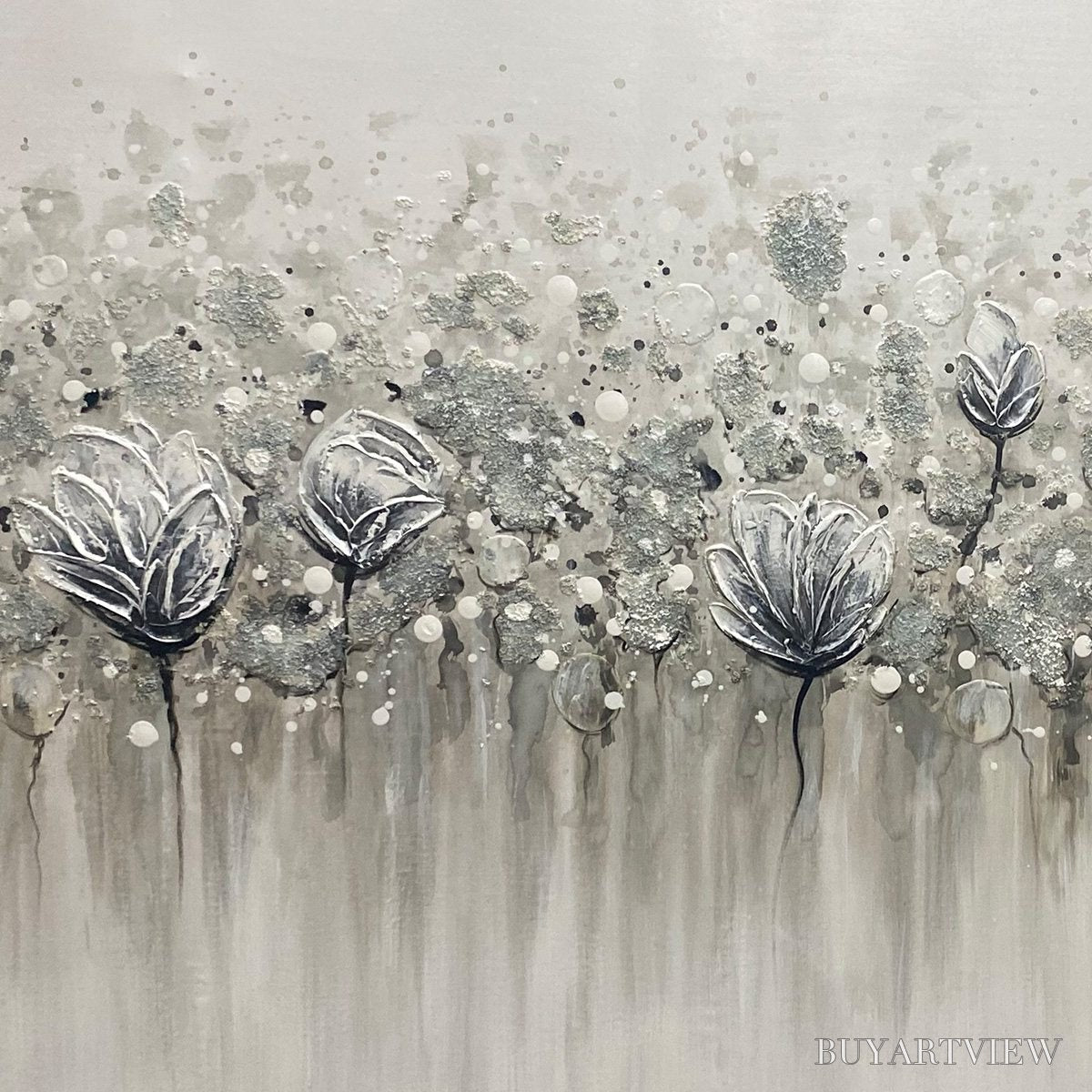 BUYARTVIEW Silver Mist – Minimalist Floral Oil Painting in Silver and Grey - image 5
