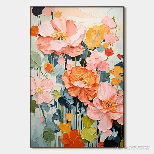 BUYARTVIEW Spring Bouquet – Vertical Textured Floral Painting, Impasto Pink and Orange Flowers, Living Room, Bedroom,… - image 1