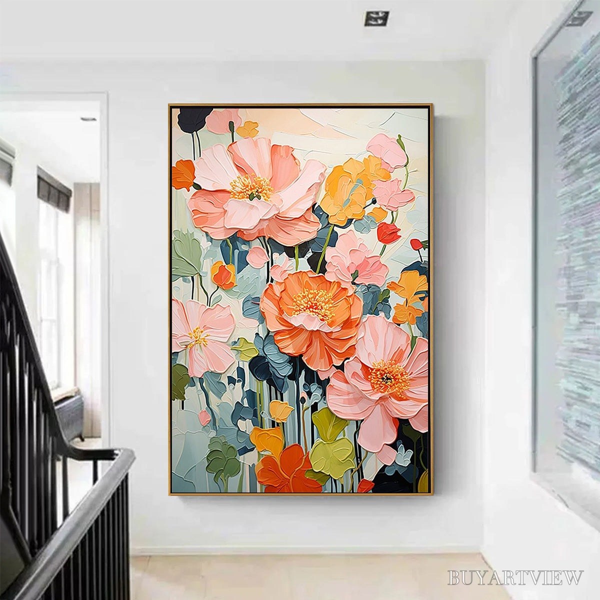BUYARTVIEW Spring Bouquet – Vertical Textured Floral Painting, Impasto Pink and Orange Flowers, Living Room, Bedroom,… - image 4