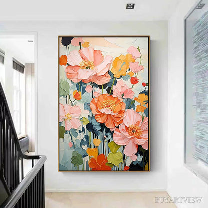 BUYARTVIEW Spring Bouquet – Vertical Textured Floral Painting, Impasto Pink and Orange Flowers, Living Room, Bedroom,… - image 4