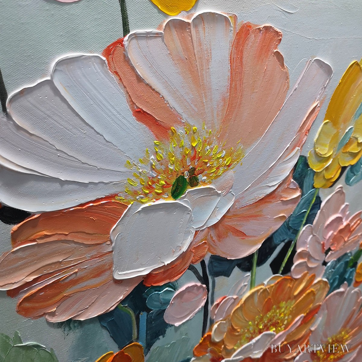 BUYARTVIEW Spring Bouquet – Vertical Textured Floral Painting, Impasto Pink and Orange Flowers, Living Room, Bedroom,… - image 5