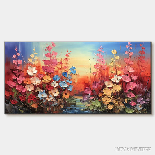 BUYARTVIEW Blooming Meadow – Panoramic Floral Landscape Painting, Impasto Flowers, Colorful, Living Room, Bedroom,… - image 1