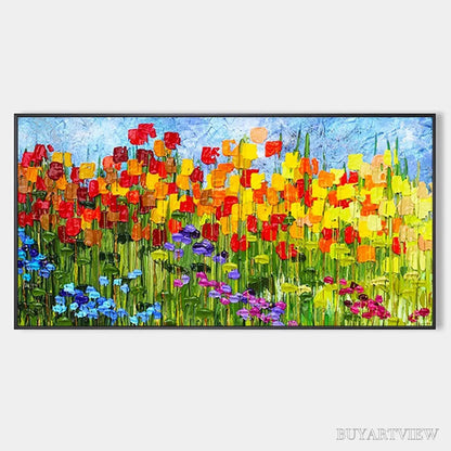 BUYARTVIEW Rainbow Field – Panoramic Impasto Colorful Flower Field Oil Painting - image 1