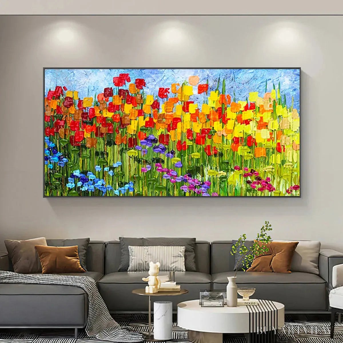 BUYARTVIEW Rainbow Field – Panoramic Impasto Colorful Flower Field Oil Painting - image 2