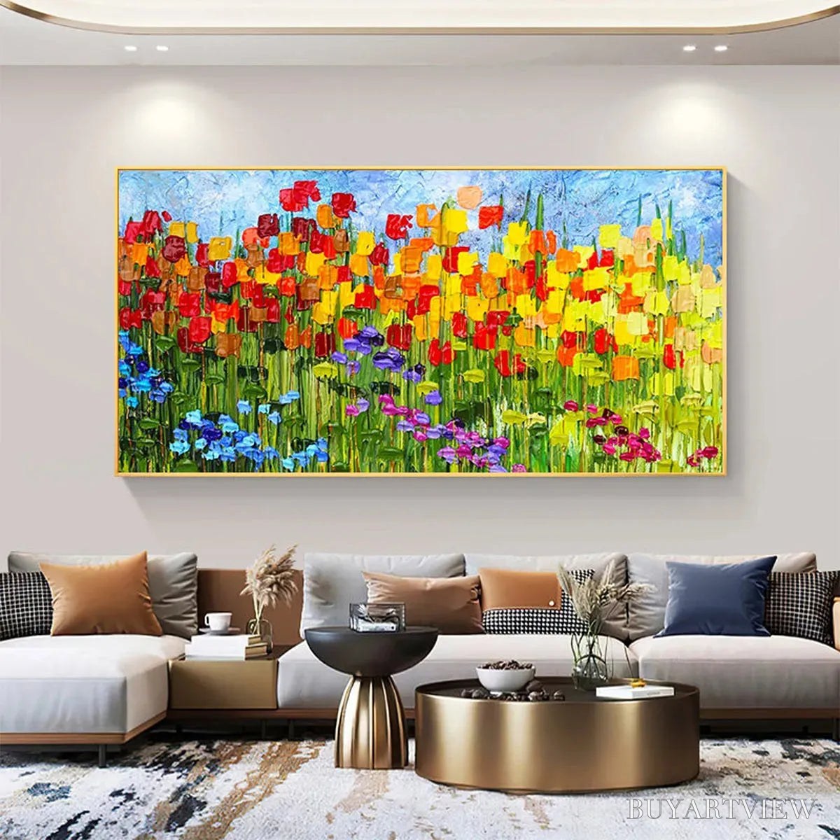 BUYARTVIEW Rainbow Field – Panoramic Impasto Colorful Flower Field Oil Painting - image 5