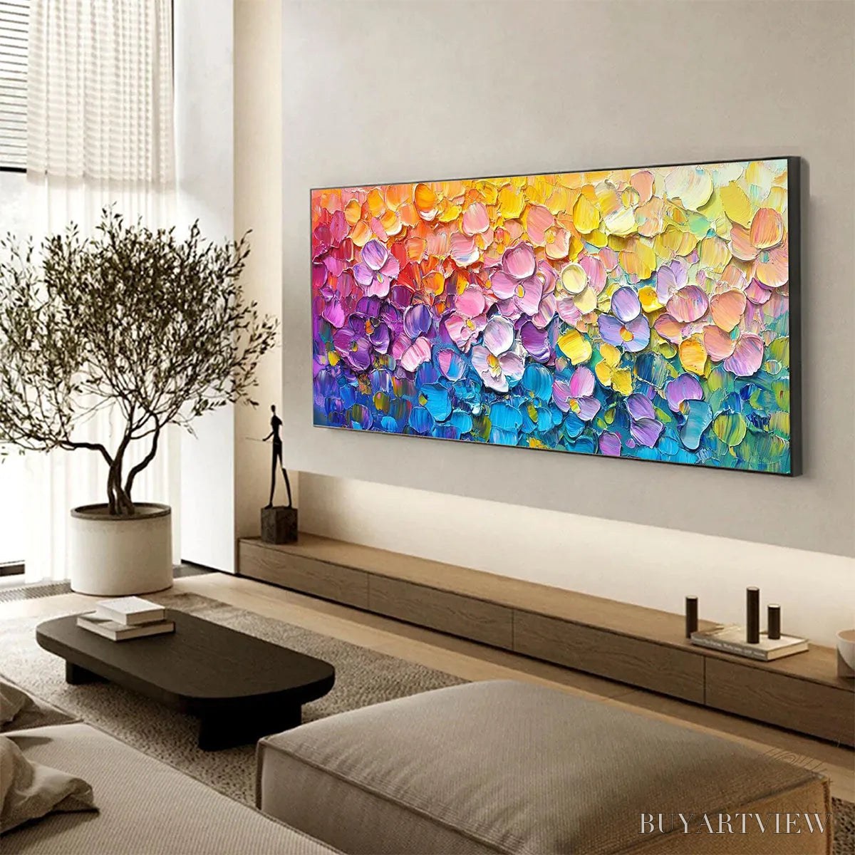 BUYARTVIEW Rainbow Falls – Panoramic Impasto Floral Oil Painting in Vibrant Rainbow Hues - image 4