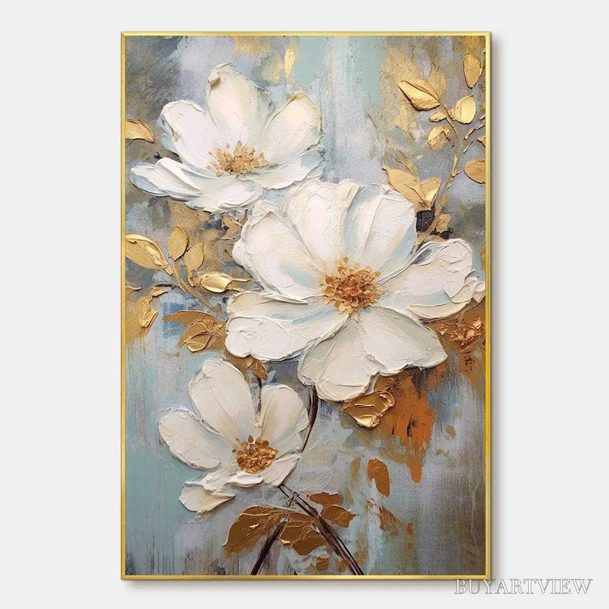 BUYARTVIEW Golden Blossoms – Vertical Textured Floral Painting, Impasto White Flowers, Gold Accents, Living Room, Bedroom - image 1