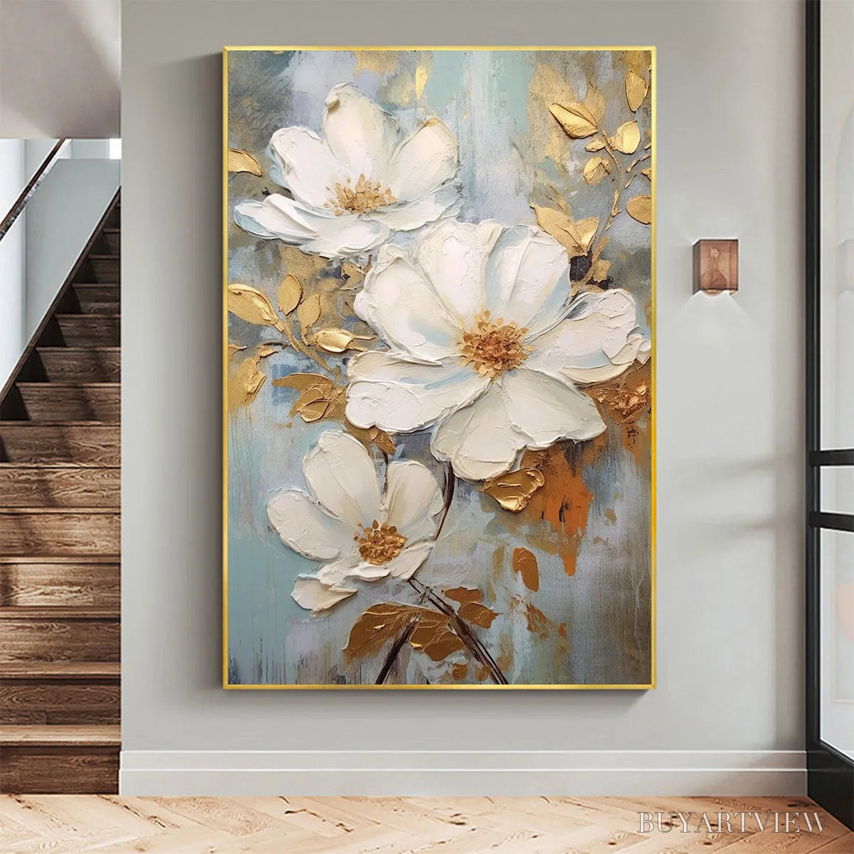 BUYARTVIEW Golden Blossoms – Vertical Textured Floral Painting, Impasto White Flowers, Gold Accents, Living Room, Bedroom - image 2