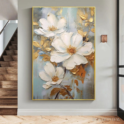 BUYARTVIEW Golden Blossoms – Vertical Textured Floral Painting, Impasto White Flowers, Gold Accents, Living Room, Bedroom - image 2