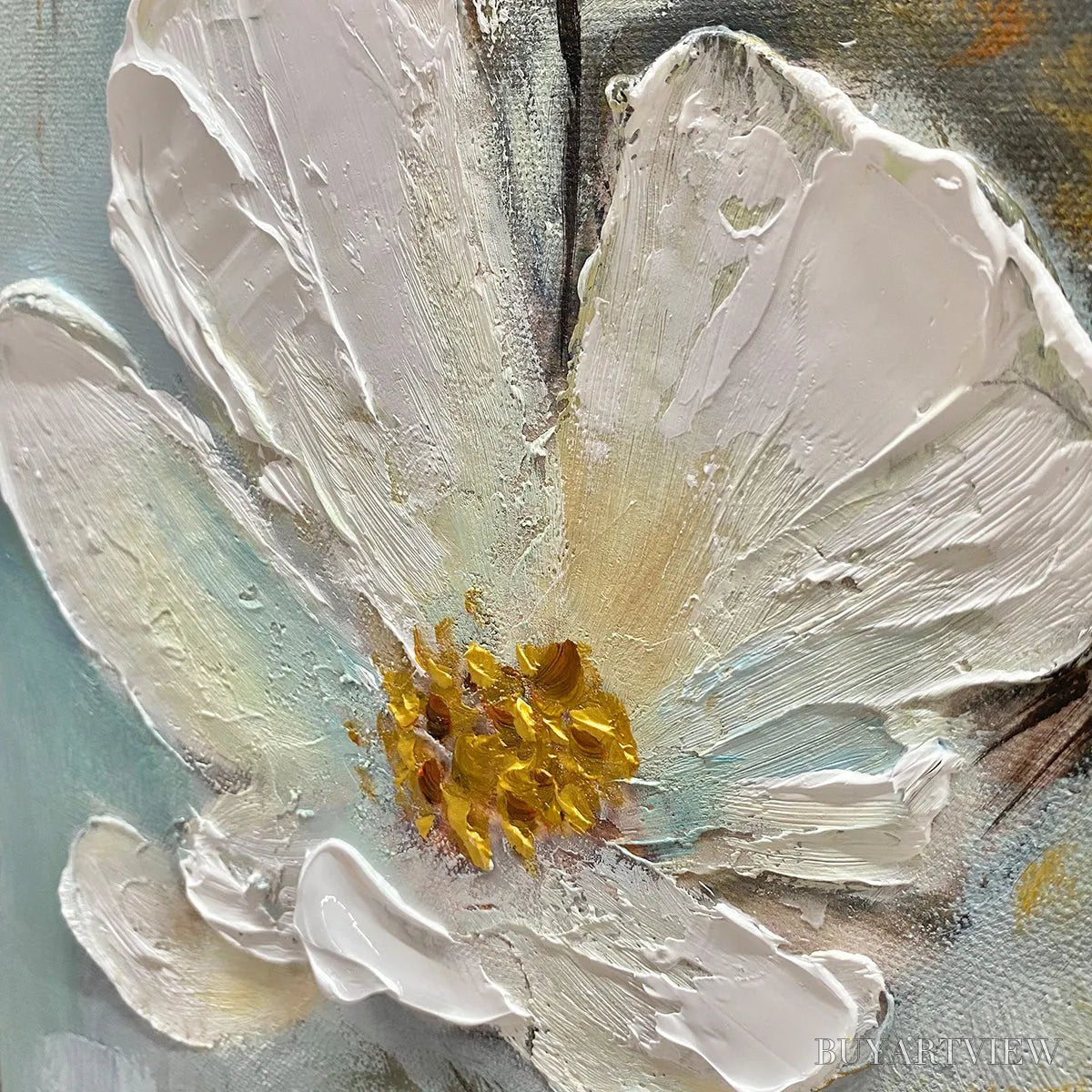 BUYARTVIEW Golden Blossoms – Vertical Textured Floral Painting, Impasto White Flowers, Gold Accents, Living Room, Bedroom - image 3