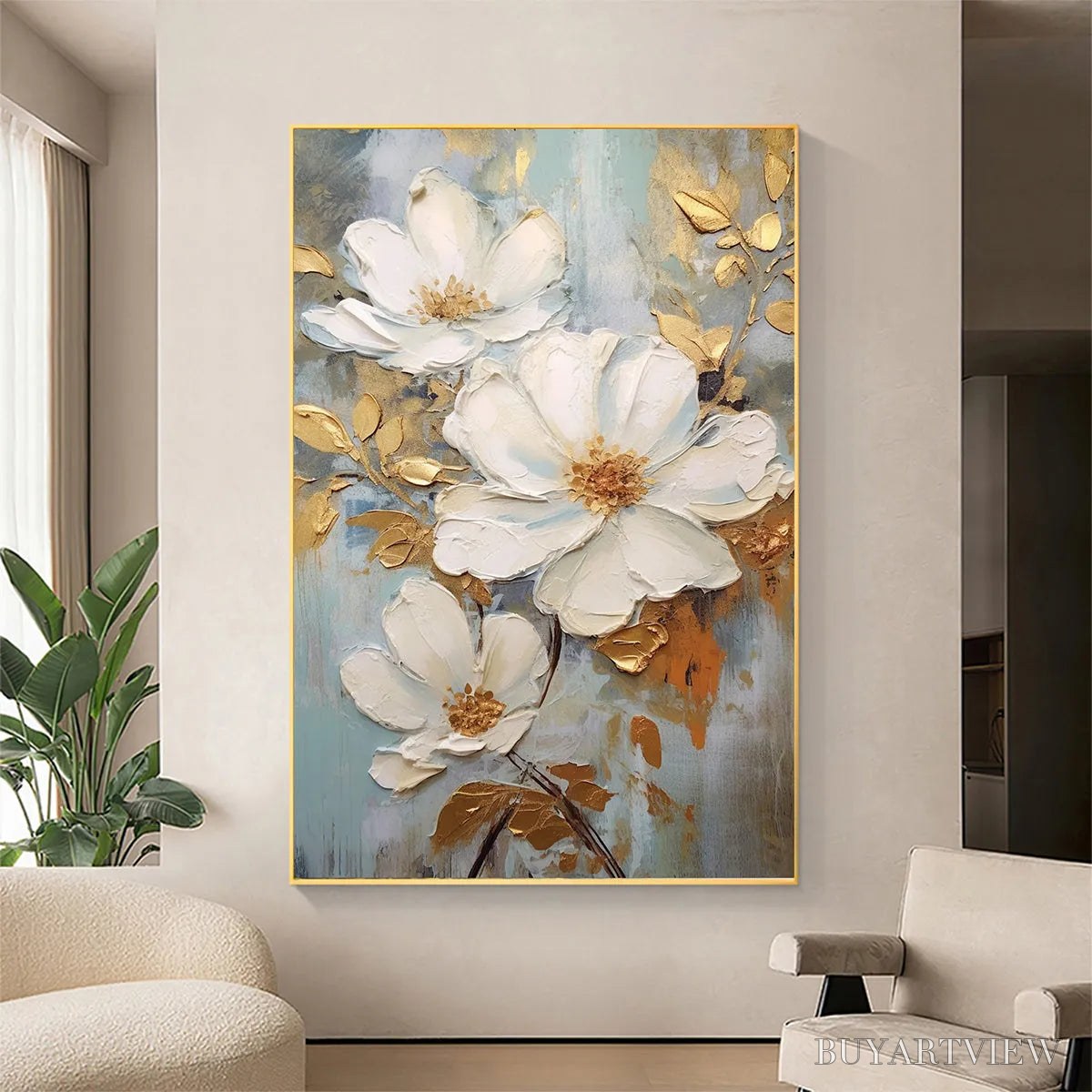 BUYARTVIEW Golden Blossoms – Vertical Textured Floral Painting, Impasto White Flowers, Gold Accents, Living Room, Bedroom - image 4