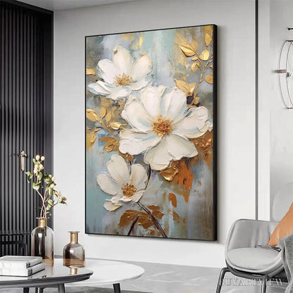 BUYARTVIEW Golden Blossoms – Vertical Textured Floral Painting, Impasto White Flowers, Gold Accents, Living Room, Bedroom - image 5