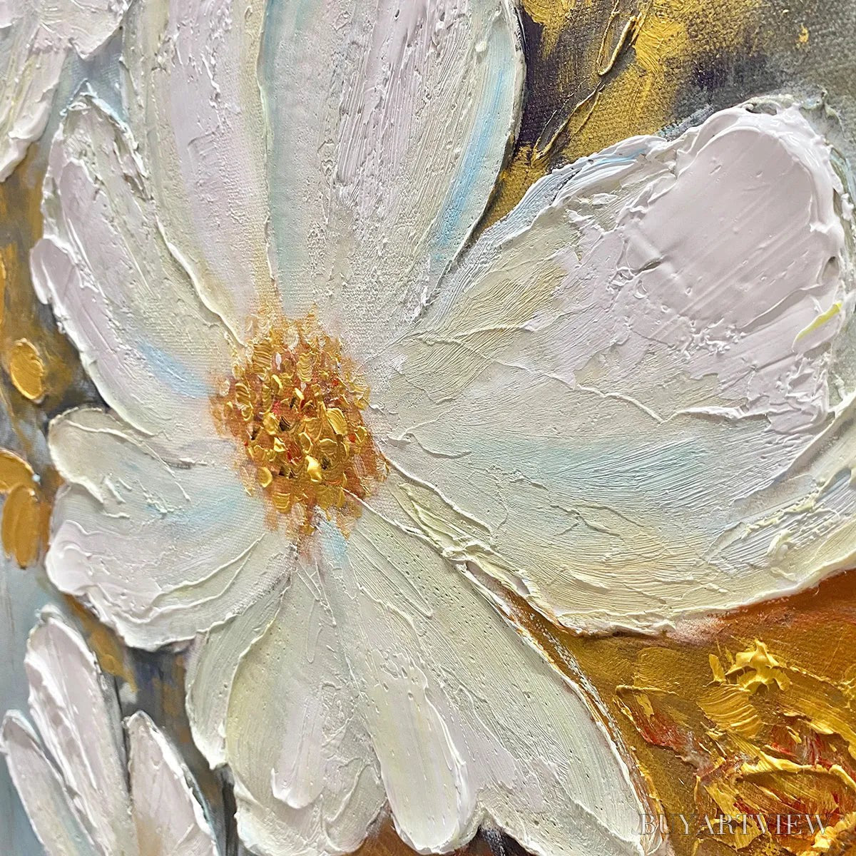 BUYARTVIEW Golden Blossoms – Vertical Textured Floral Painting, Impasto White Flowers, Gold Accents, Living Room, Bedroom - image 6