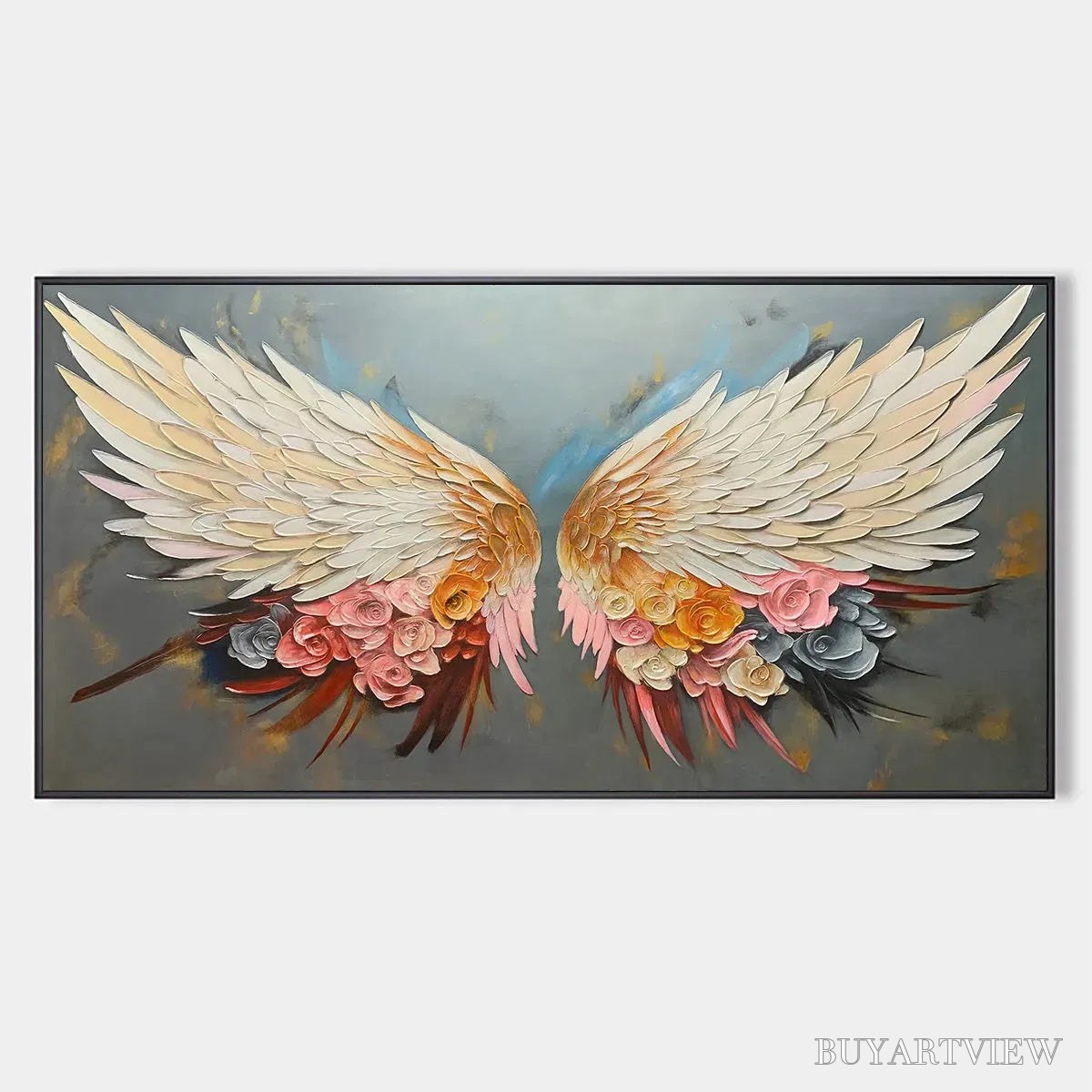 BUYARTVIEW Angel Wings – Panoramic Textured Impasto Painting of Floral Angel Wings, Romantic , Bedroom Decor - image 1