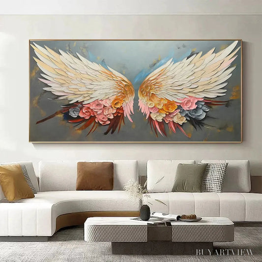 BUYARTVIEW Angel Wings – Panoramic Textured Impasto Painting of Floral Angel Wings, Romantic , Bedroom Decor - image 2