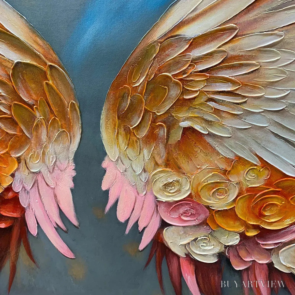 BUYARTVIEW Angel Wings – Panoramic Textured Impasto Painting of Floral Angel Wings, Romantic , Bedroom Decor - image 3