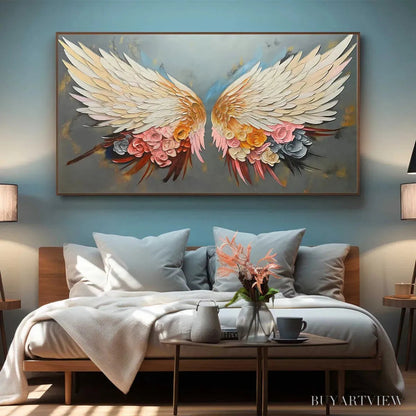 BUYARTVIEW Angel Wings – Panoramic Textured Impasto Painting of Floral Angel Wings, Romantic , Bedroom Decor - image 4