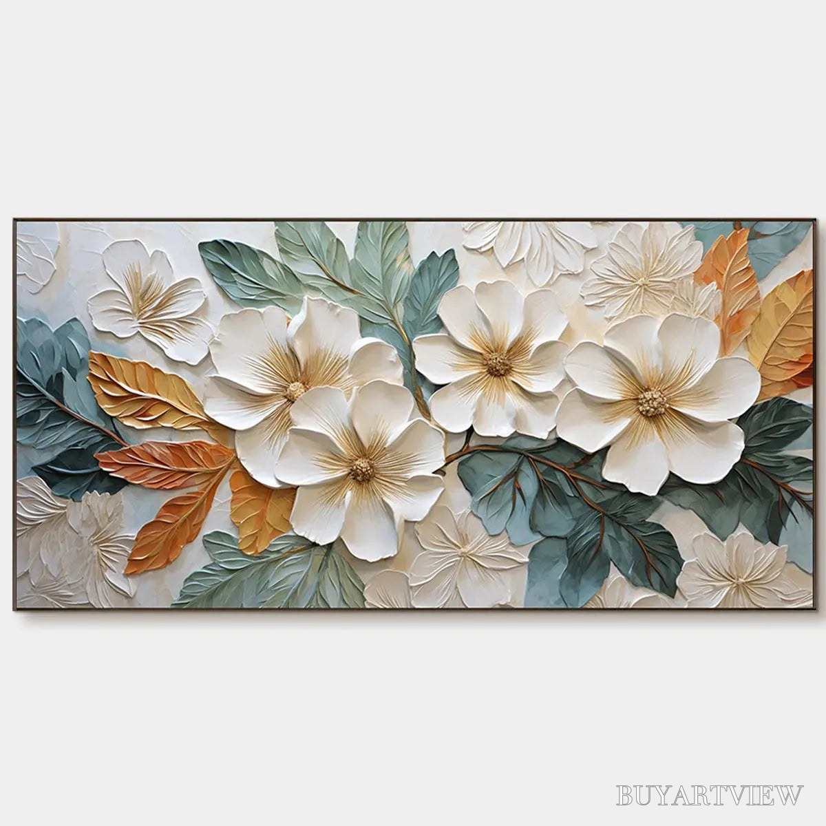 BUYARTVIEW White Magnolias – Horizontal Textured Floral Painting, White and Gold Magnolias, Modern , Living Room, Bedroom - image 1
