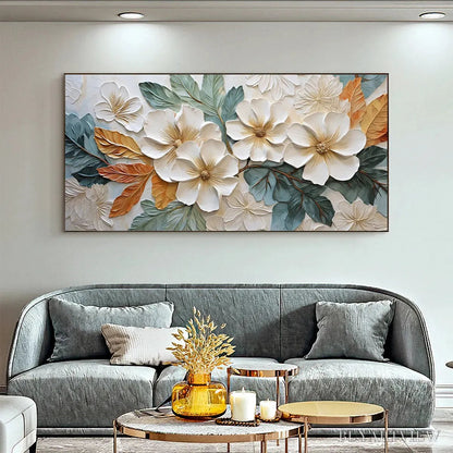 BUYARTVIEW White Magnolias – Horizontal Textured Floral Painting, White and Gold Magnolias, Modern , Living Room, Bedroom - image 2
