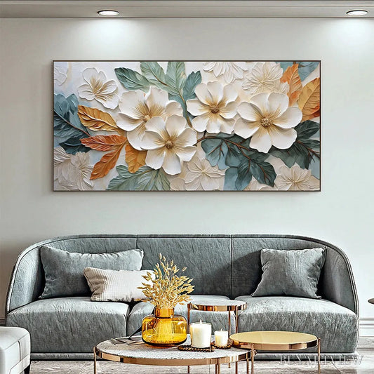 BUYARTVIEW White Magnolias – Horizontal Textured Floral Painting, White and Gold Magnolias, Modern , Living Room, Bedroom - image 2