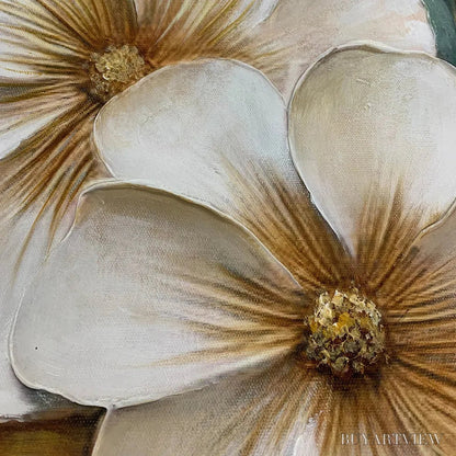 BUYARTVIEW White Magnolias – Horizontal Textured Floral Painting, White and Gold Magnolias, Modern , Living Room, Bedroom - image 3