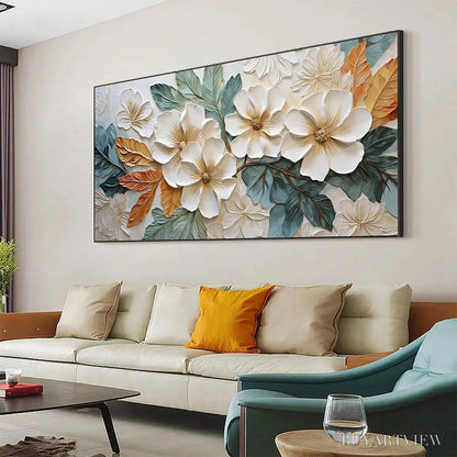 BUYARTVIEW White Magnolias – Horizontal Textured Floral Painting, White and Gold Magnolias, Modern , Living Room, Bedroom - image 4