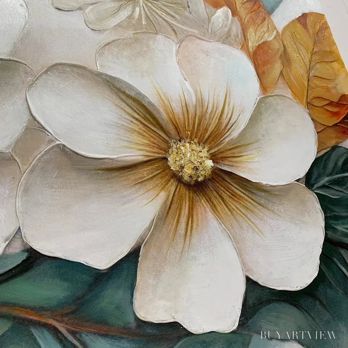 BUYARTVIEW White Magnolias – Horizontal Textured Floral Painting, White and Gold Magnolias, Modern , Living Room, Bedroom - image 5