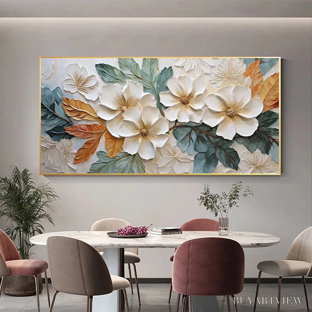 BUYARTVIEW White Magnolias – Horizontal Textured Floral Painting, White and Gold Magnolias, Modern , Living Room, Bedroom - image 6