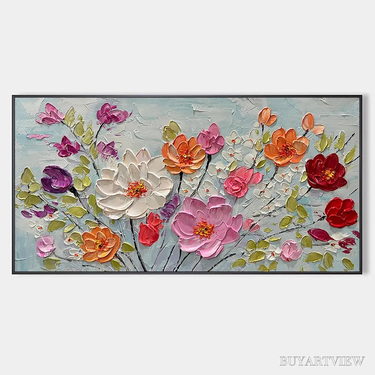 BUYARTVIEW Spring Bouquet – Panoramic Impasto Painting of Colorful Flowers, Textured Floral - image 1