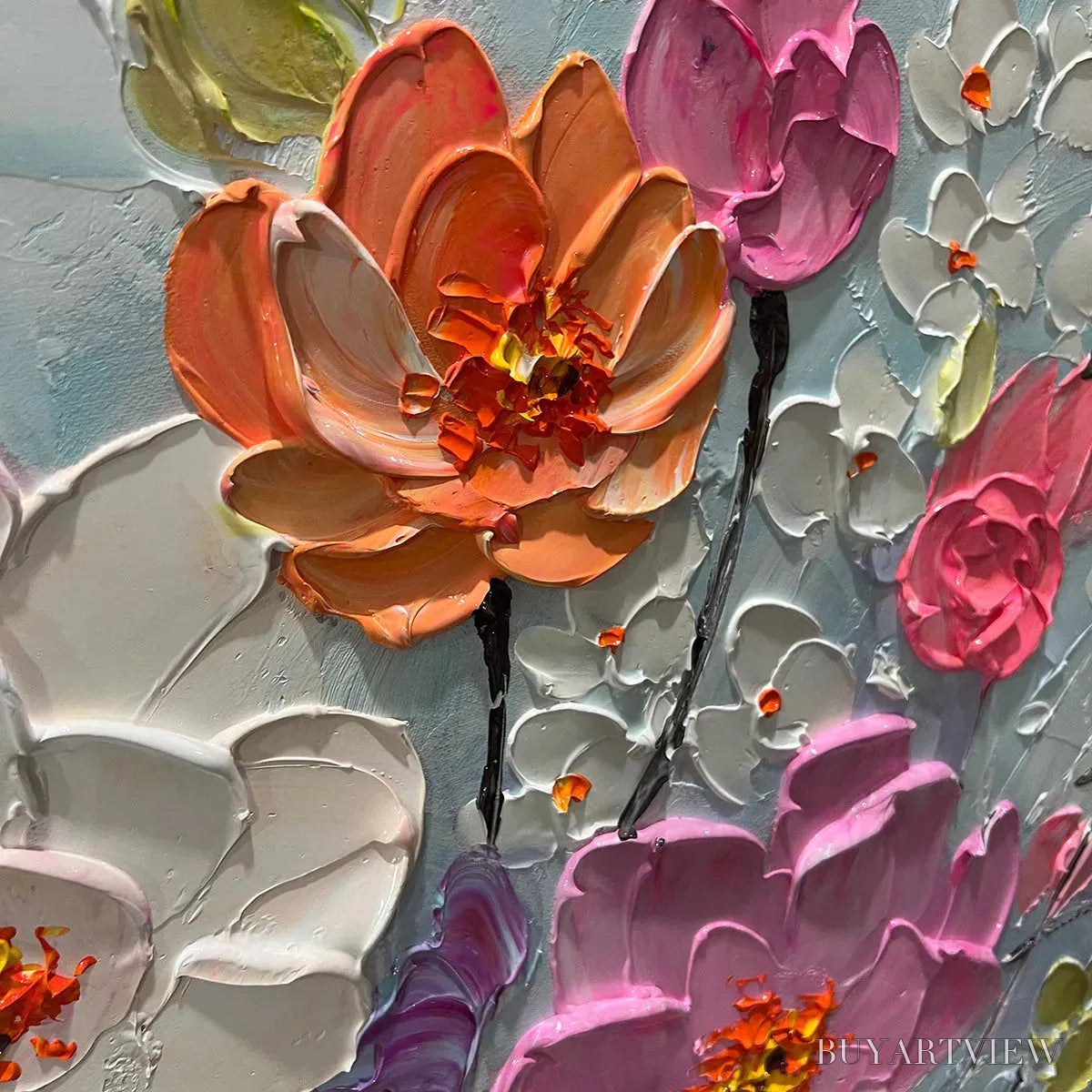 BUYARTVIEW Spring Bouquet – Panoramic Impasto Painting of Colorful Flowers, Textured Floral - image 3
