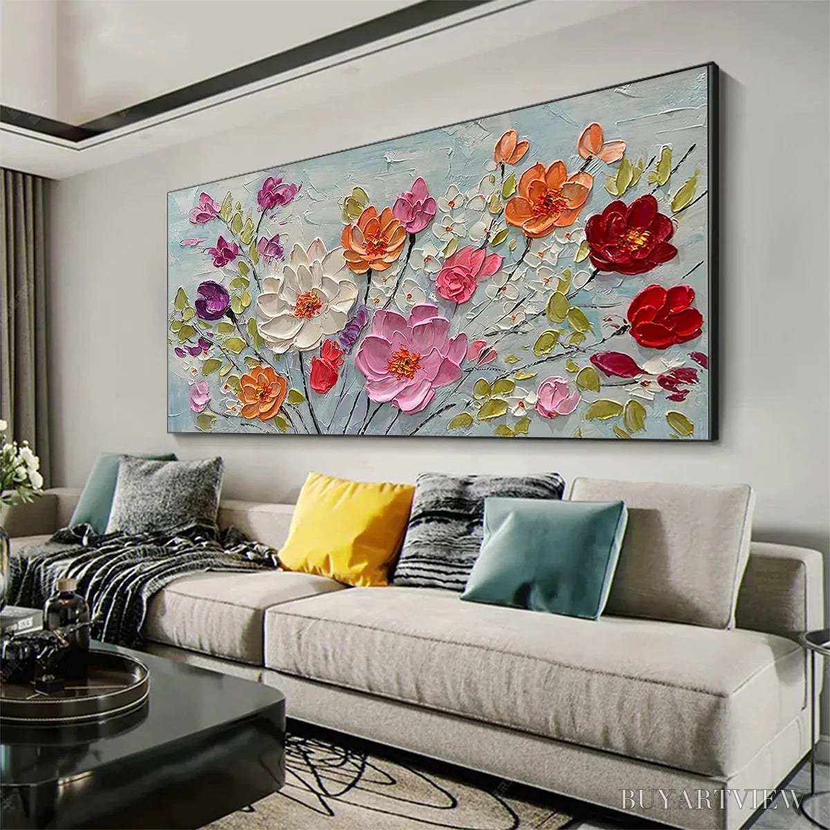 BUYARTVIEW Spring Bouquet – Panoramic Impasto Painting of Colorful Flowers, Textured Floral - image 4