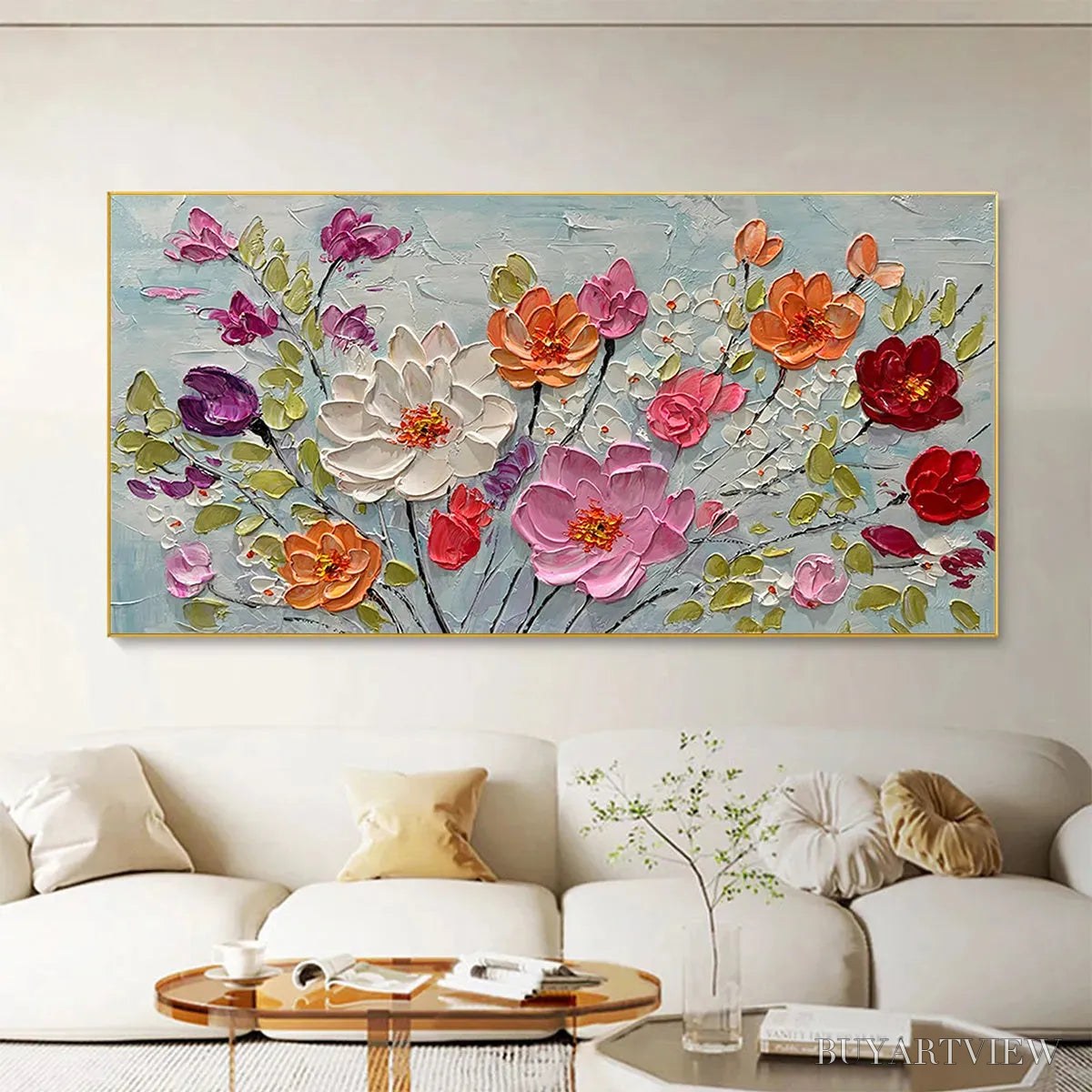 BUYARTVIEW Spring Bouquet – Panoramic Impasto Painting of Colorful Flowers, Textured Floral - image 5