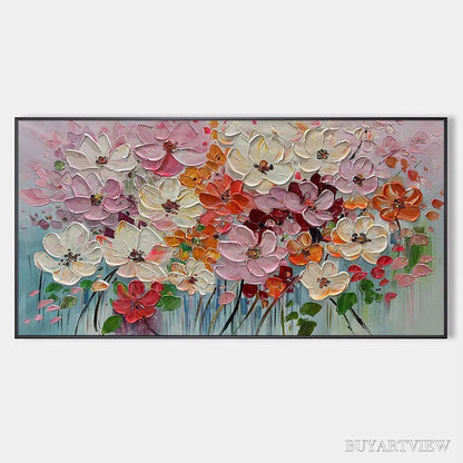 BUYARTVIEW Bouquet of Joy – Panoramic Impasto Painting of Colorful Flowers, Textured Floral - image 1