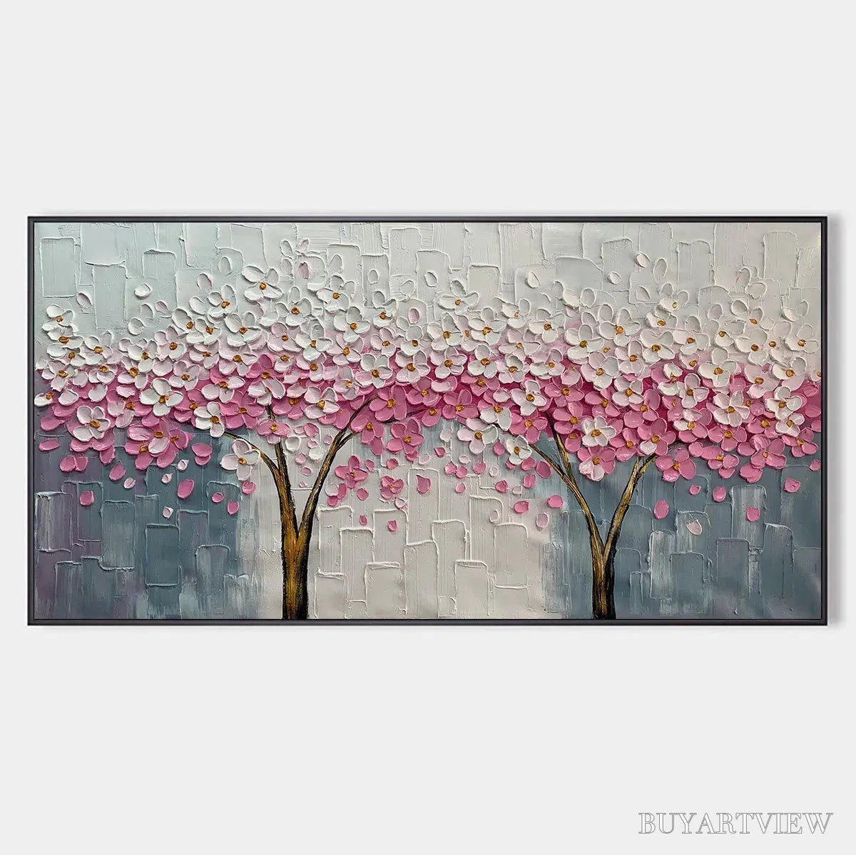 BUYARTVIEW Spring Blossom – Panoramic Cherry Blossom Painting in Pink and White, Textured Impasto, Modern - image 1