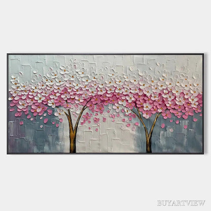 BUYARTVIEW Spring Blossom – Panoramic Cherry Blossom Painting in Pink and White, Textured Impasto, Modern - image 1