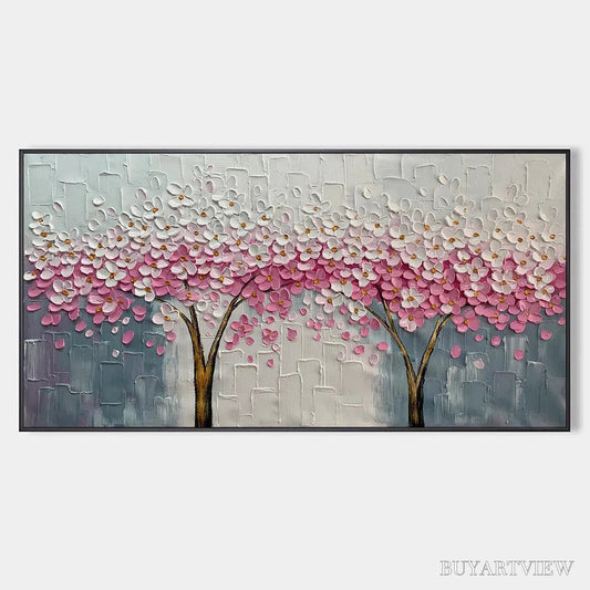 BUYARTVIEW Spring Blossom – Panoramic Cherry Blossom Painting in Pink and White, Textured Impasto, Modern - image 1