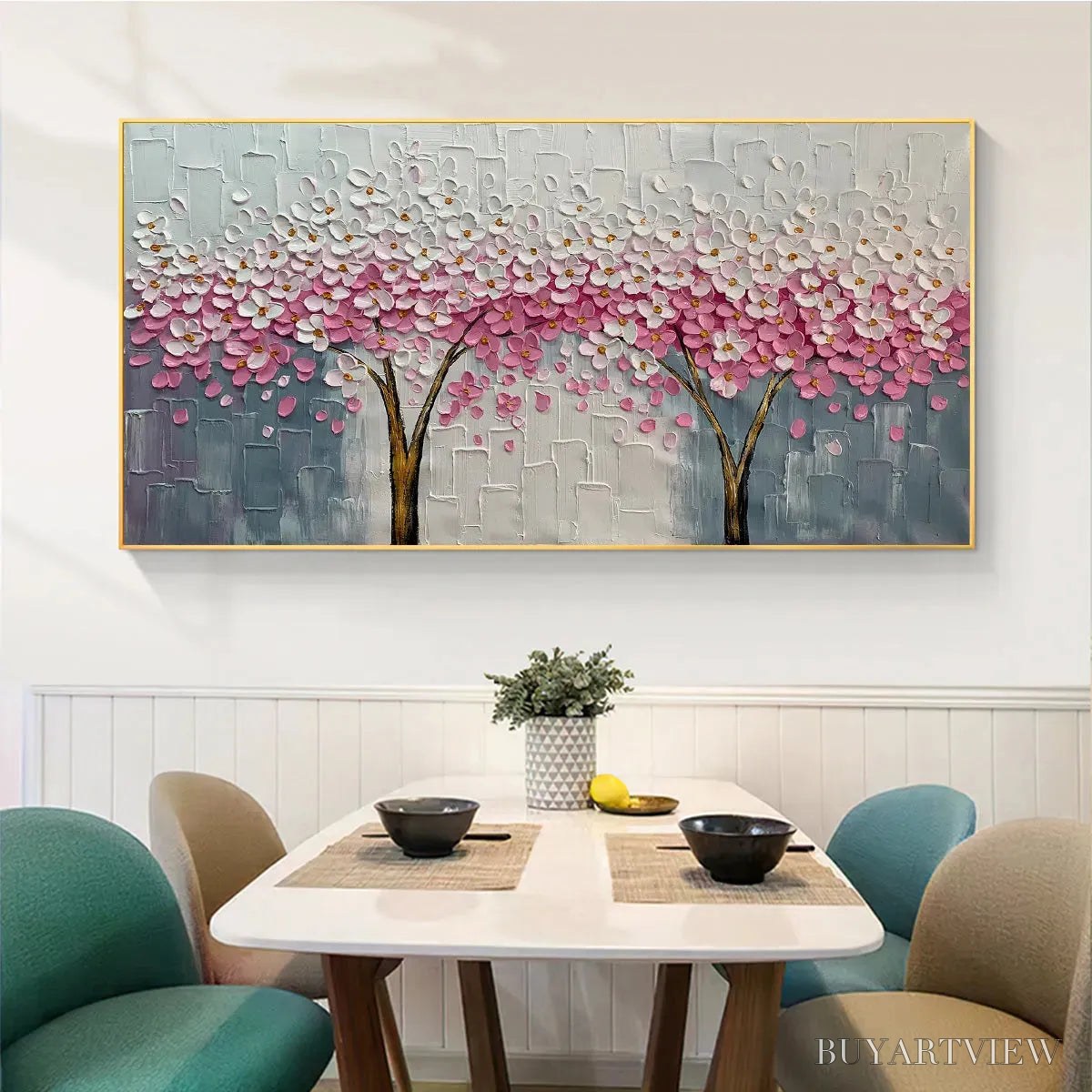 BUYARTVIEW Spring Blossom – Panoramic Cherry Blossom Painting in Pink and White, Textured Impasto, Modern - image 4