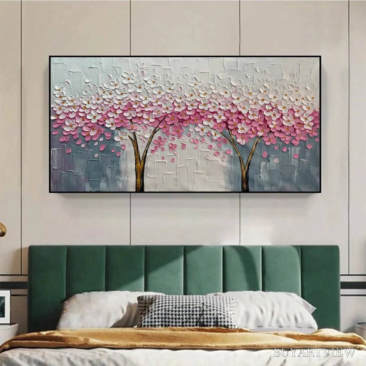 BUYARTVIEW Spring Blossom – Panoramic Cherry Blossom Painting in Pink and White, Textured Impasto, Modern - image 5