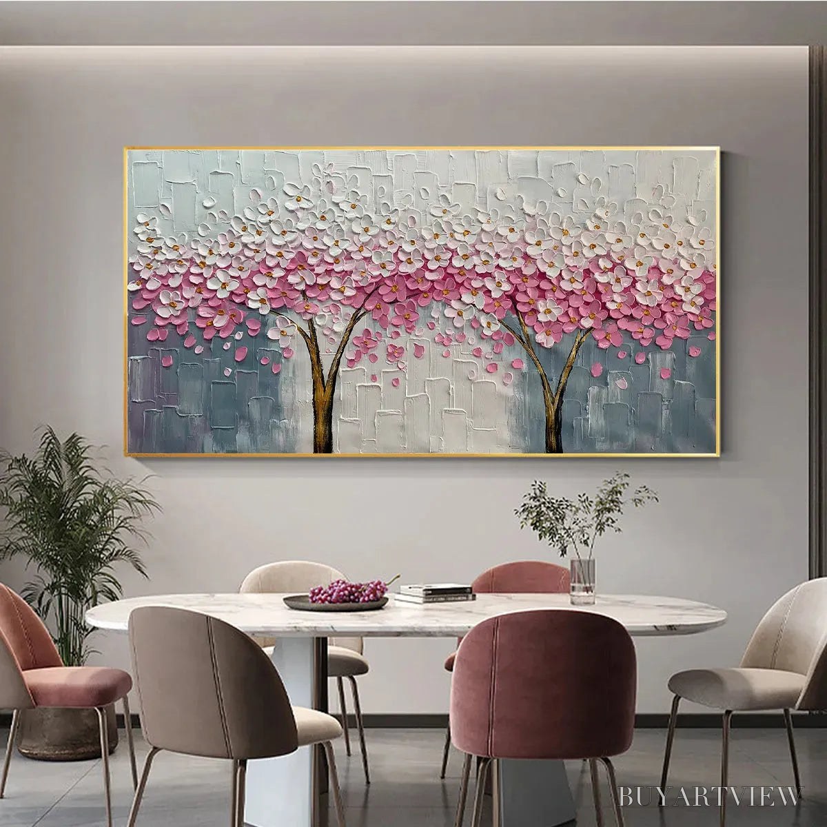 BUYARTVIEW Spring Blossom – Panoramic Cherry Blossom Painting in Pink and White, Textured Impasto, Modern - image 6